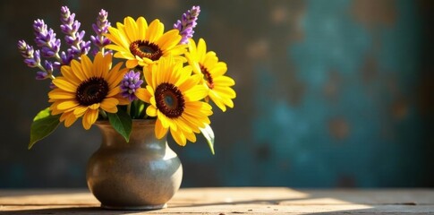 Sunlit daisies, sunflowers, and lavender in a rustic vase, colorful blossoms, decoration