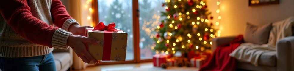 Cozy christmas living room with gift and decorated tree