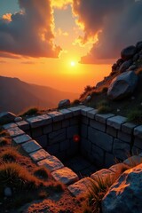 Sunrise illuminates empty stone tomb, signifying resurrection , soul, holy