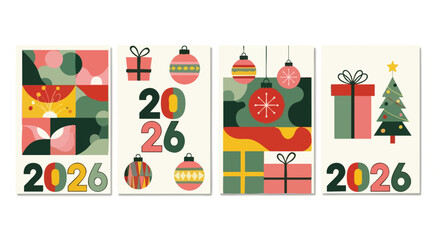 Vibrant modern abstract holiday designs celebrating the new year 2026 with festive gifts and ornaments