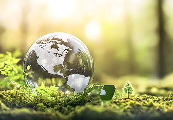 Obraz premium A glass globe with the map of Europe inside, placed on moss and surrounded by greenery