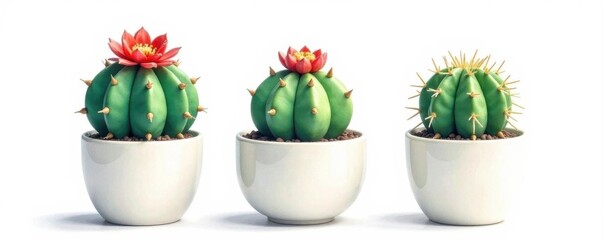 Three watercolor cacti, varying sizes, in white ceramic pots , art, vibrant