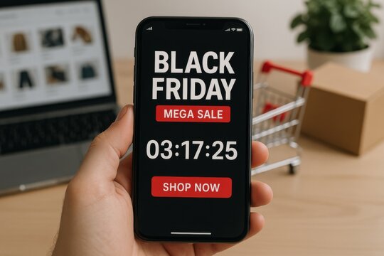 A hand holds a phone showing a Black Friday sale.