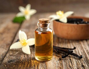 Vanilla extract in a glass bottle, surrounded by vanilla flowers and beans on a rustic wooden table