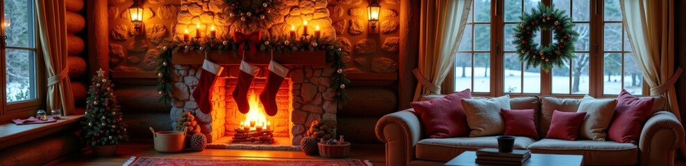 Cozy rustic living room with fireplace and christmas decorations in winter cabin