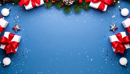 Holiday border with gifts, ornaments, candy canes, pinecones, and berries on blue background