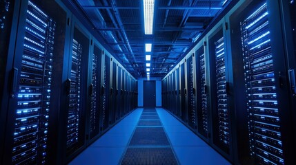Futuristic data center corridor with rows of illuminated server racks and IT infrastructure ideal for cloud storage, enterprise computing and modern technology presentations