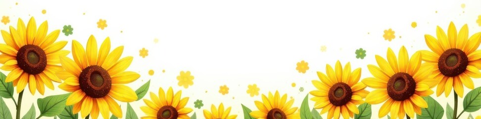 Whimsical hand-drawn sunflower border, vibrant yellow petals , decoration, clipart