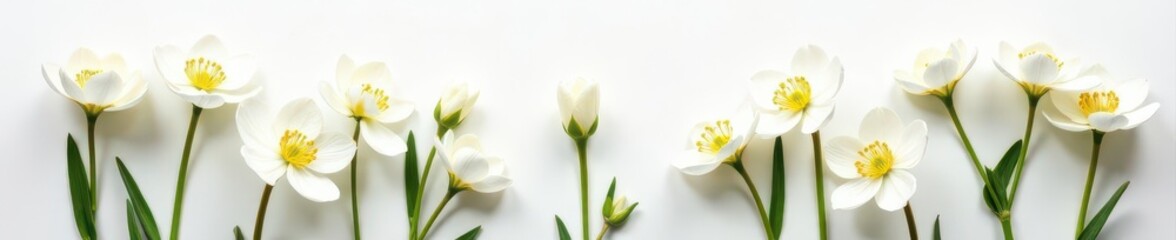 White spring flowers arranged in a flatlay pattern, clean white background, background, white