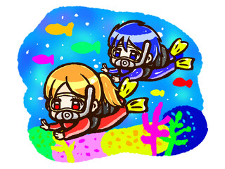 海でスキューバダイビングする男女のちびキャライラスト素材