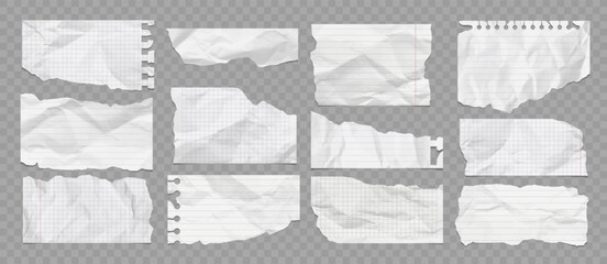 Vector torn paper with a wrinkled texture and shadow. Realistic crumpled paper mockup. Torn edges. Notebook page design template. 