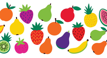 Vibrant fruit medley design for playful summer vibes and healthy eating campaigns, featuring colorful pineapples, pears, strawberries, bananas, watermelon and oranges