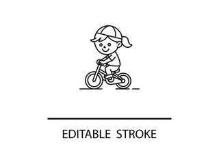 Cheerful girl riding bicycle line art for summer fun designs or children's books, editable stroke for creative design options.