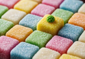 A vibrant assortment of colorful, sugardusted square candies are neatly arranged in a grid, with a single yellow candy topped with green