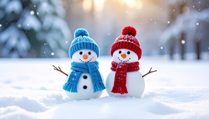 Obraz premium Two snowmen in colorful hats and scarves in snowy forest, bright winter day with falling snow