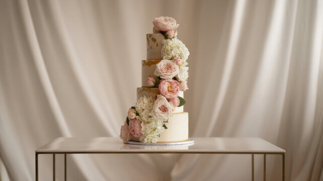 Elegant wedding cake decorated with flowers displayed on a table at a wedding reception in soft lighting - Powered by Adobe