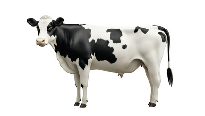 A realistic 3D-rendered black and white dairy cow standing proudly against a clean. white background. its features. ideal for agricultural and livestock-related content