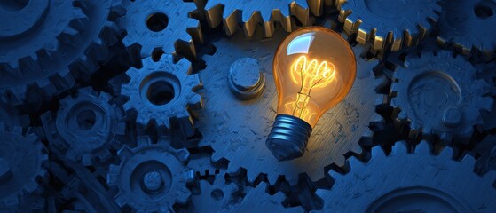 The light bulb glowing among blue gears symbolizing innovation, engineering, and creative problem solving