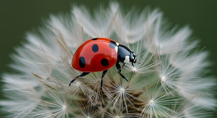 Obraz premium red ladybug resting on fluffy white dandelion seed head