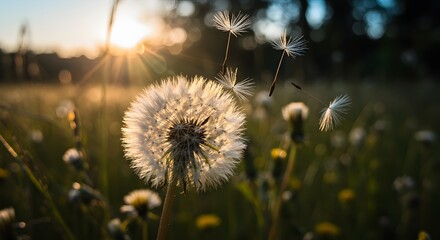 dandelion flower with flying seeds in warm golden sunset