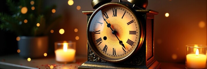Fototapeta premium Vintage alarm clock with roman numerals and candles creating warm ambiance