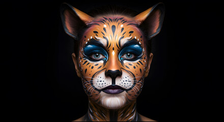 Captivating Woman with Artistic Wild Cat Face Paint and Dramatic Blue Eyes on Black Background