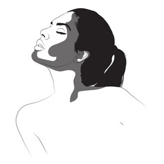 The image is a stylized, black-and-white vector drawing of a woman. She's seen from the shoulders up with her head tilted back and eyes closed, appearing peaceful or serene.