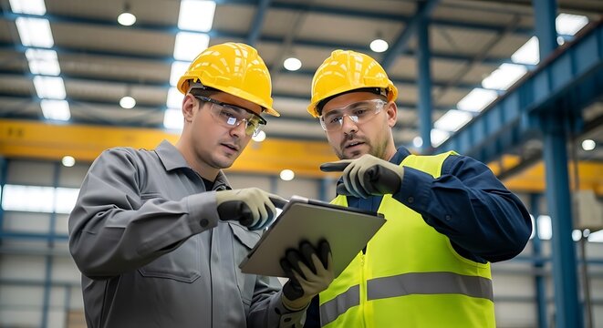 Two factory workers in safety gear review data on a tablet in a manufacturing plant.