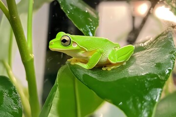 Macro shot of bright green frog on leaves