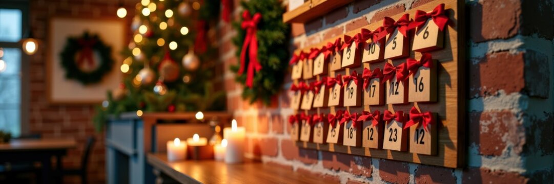 Festive christmas advent calendar with red bows and cozy holiday decor - Powered by Adobe