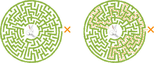 Help the white rabbit to find way out of the labyrinth. Vector green medium difficulty round hedge maze isolated on white background.