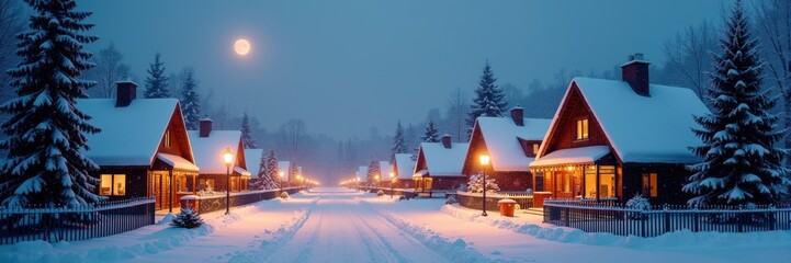 Snowy village at night with full moon and cozy homes in winter wonderland
