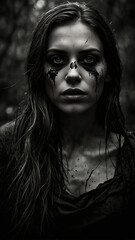 Dark Horror Portrait, Creepy Evil Face, Haunted Woman, Blood and Tears