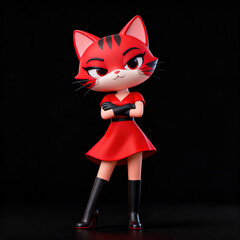 Stylish 3D anthropomorphic cat girl character posing in a red dress, a sassy feline mascot isolated on a black background