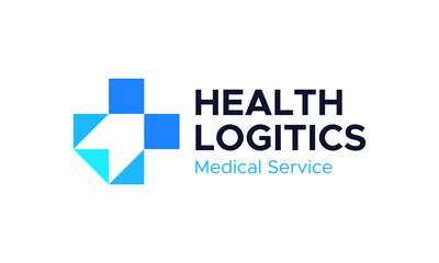 Health logistics logo design. Arrow vector design with medical cross sign graphic icon symbol
