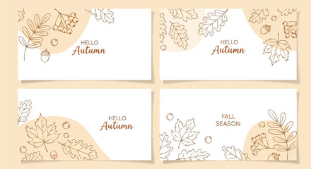 Charming 'Hello Autumn' and 'Fall Season' banners featuring delicate line art of leaves and acorns, perfect for seasonal greetings and decor.