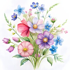 Fototapeta premium Beautiful watercolor bouquet of colorful wildflowers. A vibrant spring meadow floral illustration. A cheerful hand-painted arrangement of cosmos and other field flowers.