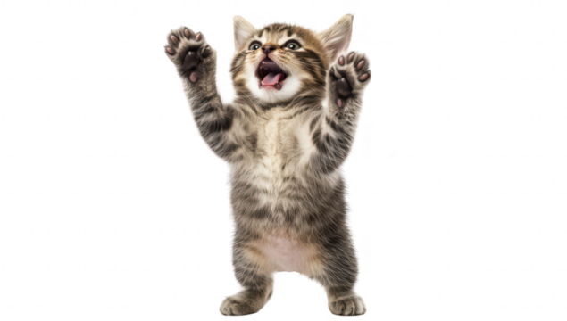 A playful kitten standing on its hind legs with its paws raised. expressing excitement in a bright. minimalistic setting that emphasizes its adorable features and lively personality