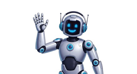Friendly futuristic robot waving with a smile, showcasing advanced technology and artificial