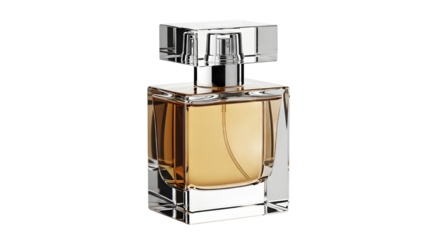 A luxurious glass perfume bottle with a golden liquid, a plain object isolated on a clean white background with no shadow, logo, or text, captured in ultra high resolution