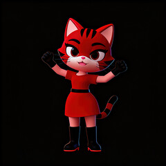 Stylish 3D anthropomorphic cat girl character posing in a red dress, a sassy feline mascot isolated on a black background