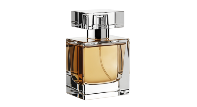 A luxurious glass perfume bottle with a golden liquid, a plain object isolated on a clean white background with no shadow, logo, or text, captured in ultra high resolution