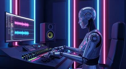 Futuristic music studio featuring a sleek humanoid robot working on audio mixing with neon lights