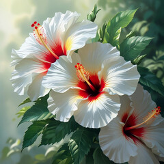 Stunning White Hibiscus Flowers with Red Centers Botanical Illustration