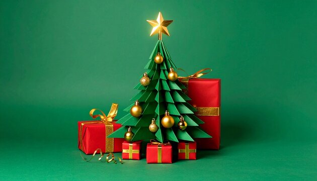 Paper Christmas tree with gold ornaments and red gifts on solid green background, clean and festive