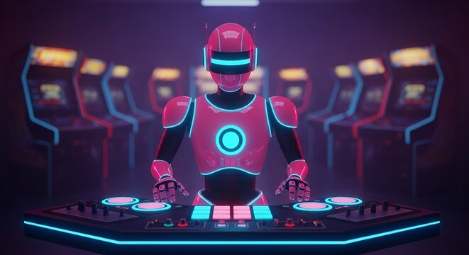 Futuristic Robot DJ Performing in a Neon-Lit Arcade with Retro Gaming Machines