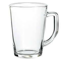 A clear glass mug with a sturdy handle sits on a wooden table. illuminated by soft natural light. creating a warm ambiance perfect for beverages in a cozy setting