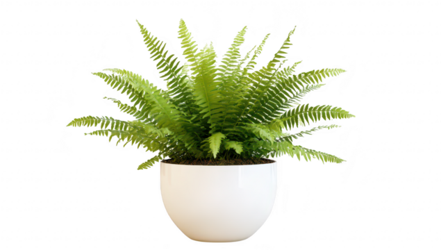 A lush green fern plant in a modern white pot. foliage. set against a neutral background. perfect for home decor or office ambiance enhancement