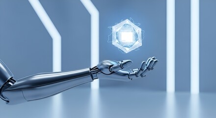 Robotic arm holding floating cube with technological core in futuristic setting