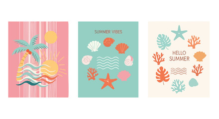 Tropical Summer Vibes Collection with Palm Trees, Seashells, and Coral for Beachy Fun, Perfect for Invitations and Wall Art